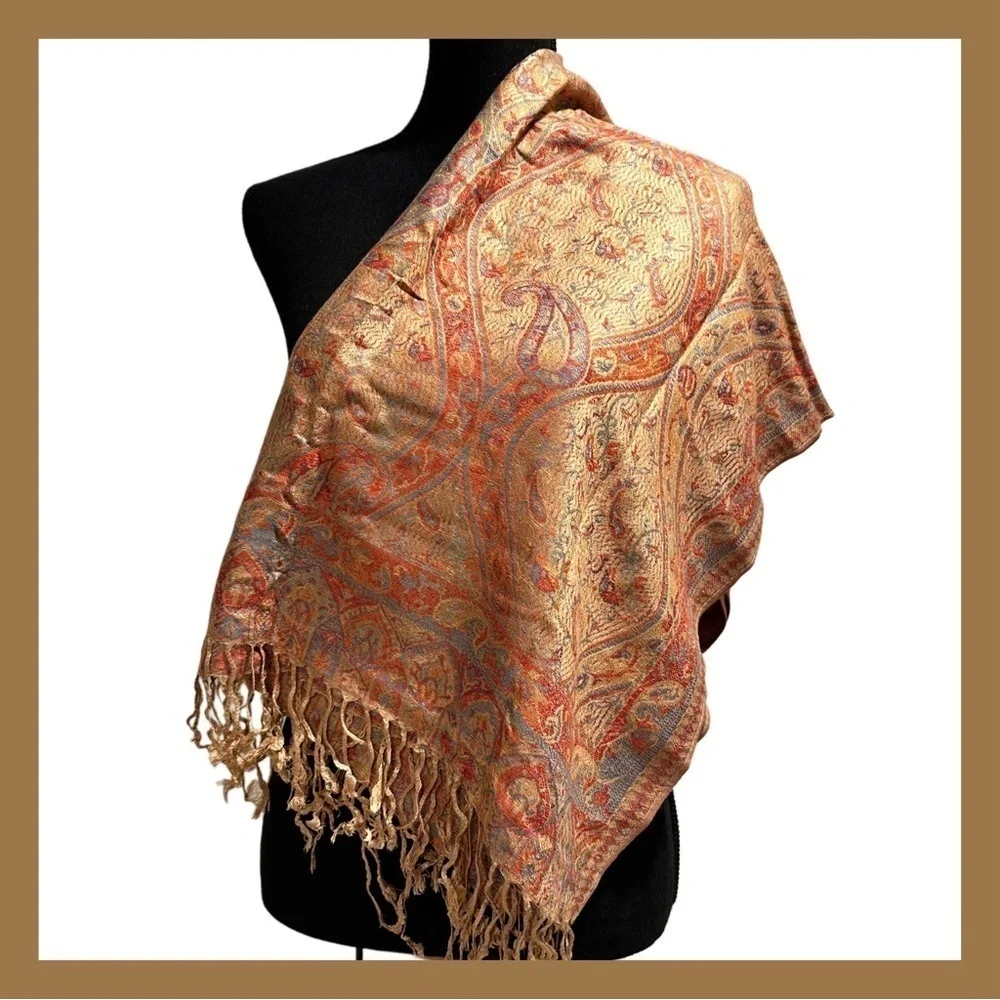 Elegant Shawl in Golden Paisley- Versatile Wrap, Stole, Scarf, Veil Soft Rayon